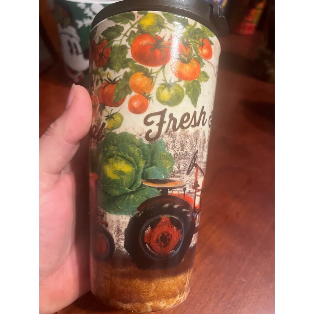 Cypress Home "Fresh & Local" Travel Mug Coffee Cup With Tractor Cabbage Tomatoe